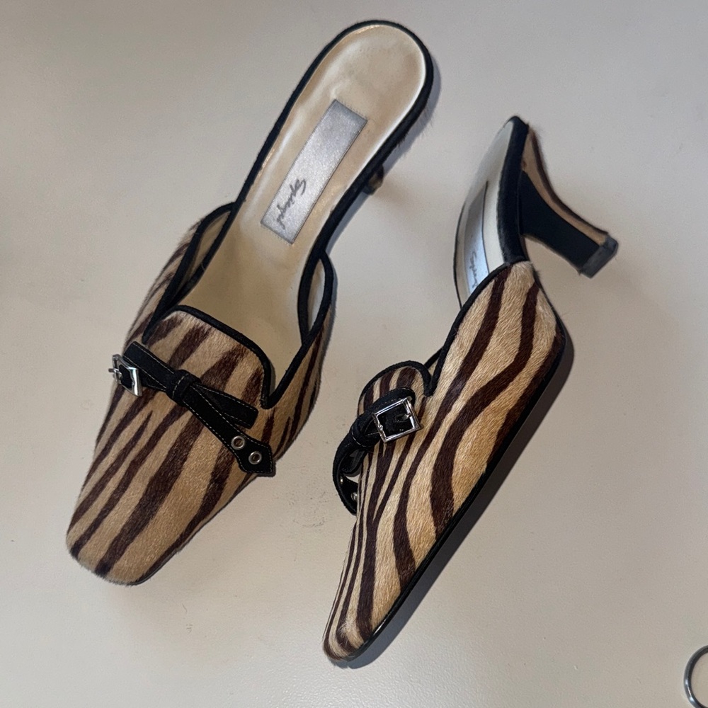 Y2K Spiegel Tan Zebra Print Faux Hair Leather Mules